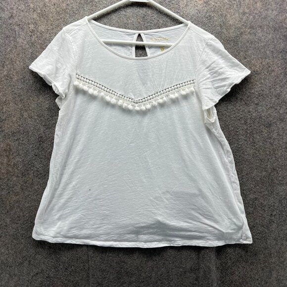 Lilly Pulitzer Pom-Pom Trim Top Womens Large White Cotton Short Sleeve Blouse - Picture 1 of 12